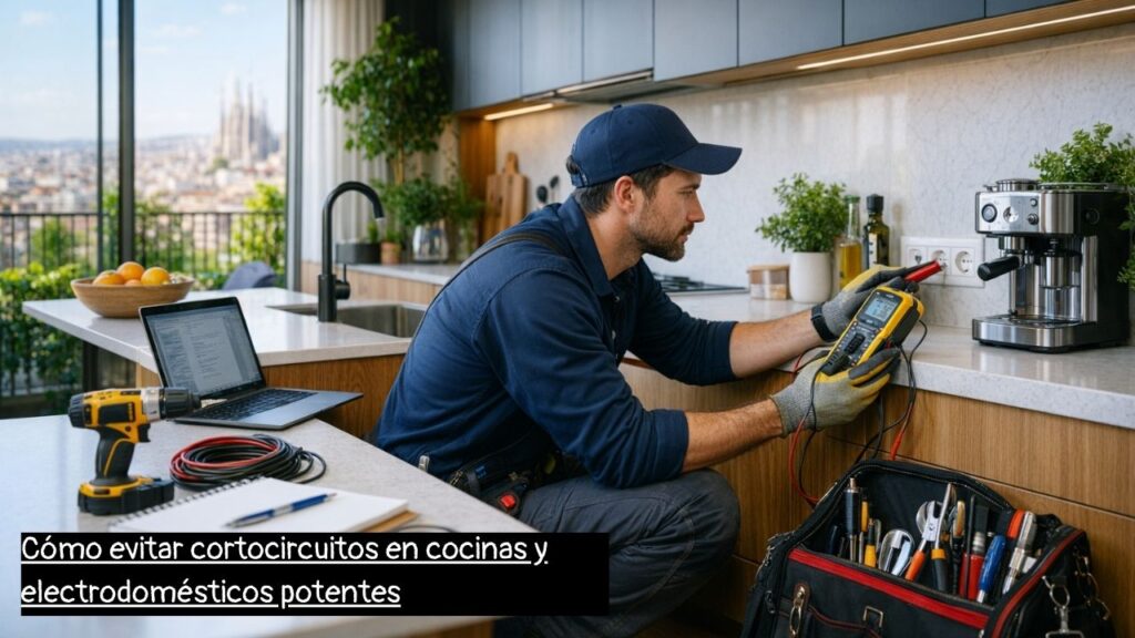 electricista en Barcelona revisando instalaciones eléctricas en cocina