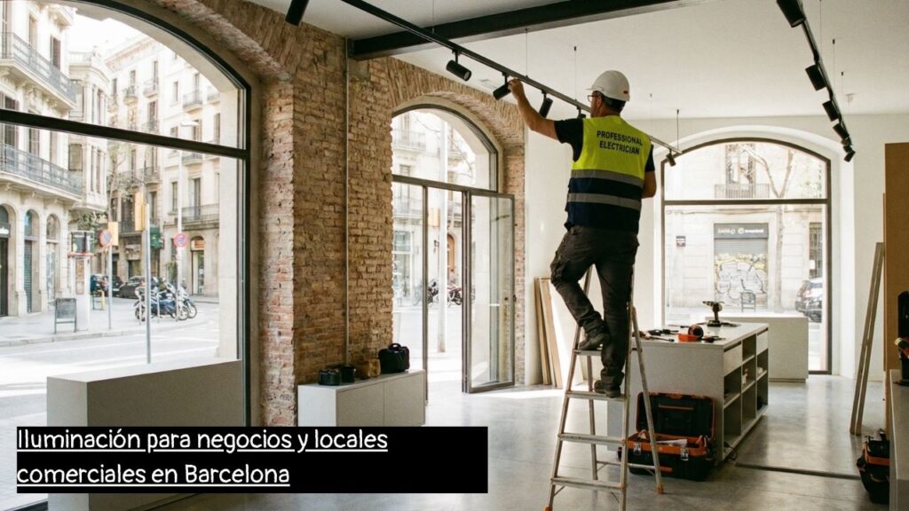 electricista en Barcelona instalando iluminación en un local comercial