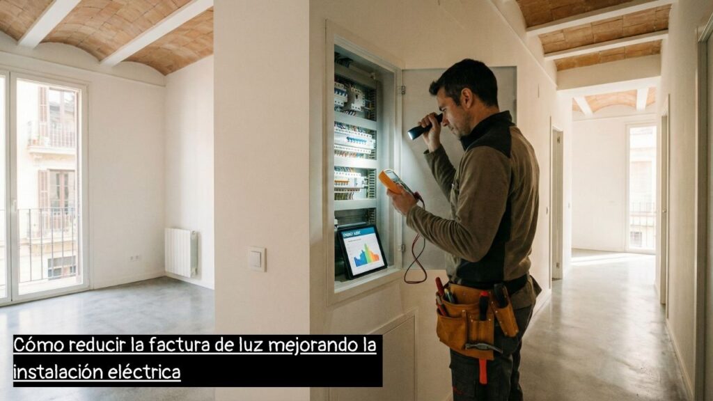 electricista en Barcelona revisando la instalación eléctrica para ahorro de energía