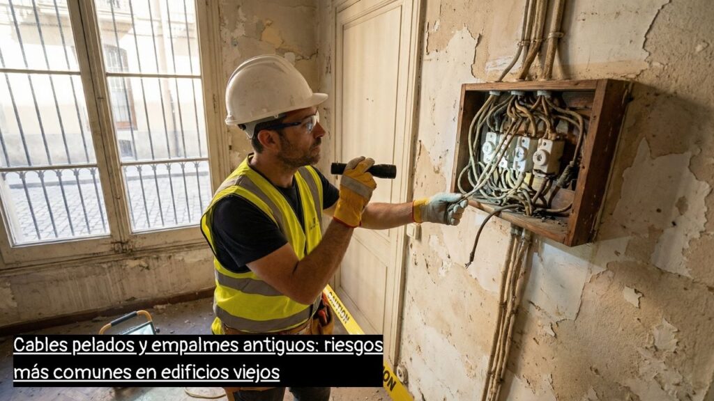 electricista en Barcelona revisando cables antiguos en un edificio