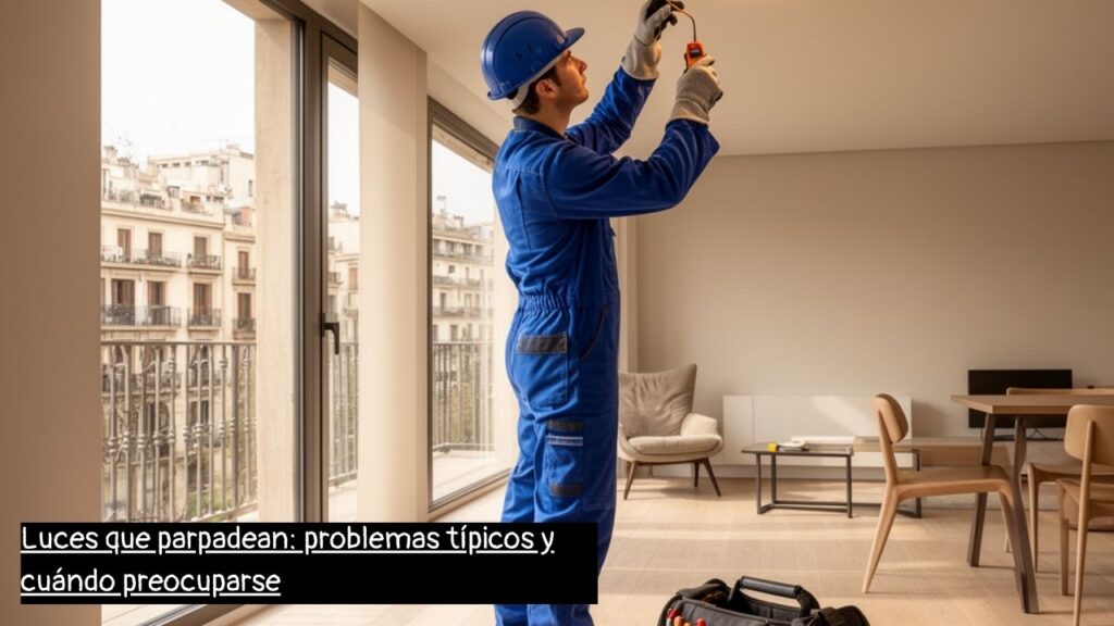 electricista en Barcelona revisando luces que parpadean en una vivienda