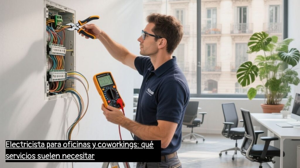 electricista en Barcelona realizando instalación eléctrica en oficina moderna
